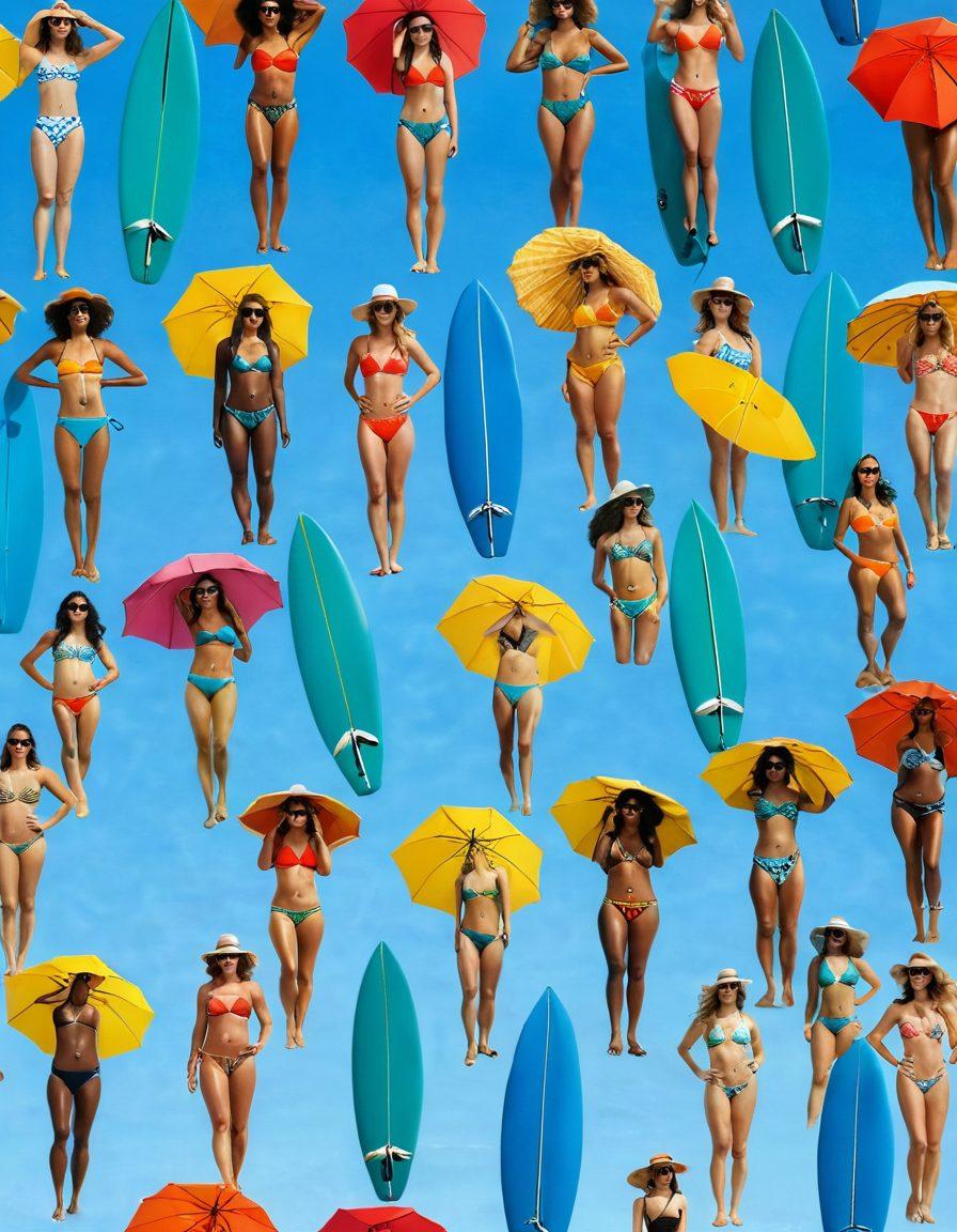 A sunny beach scene featuring diverse individuals showcasing stylish swimwear in vibrant colors, surrounded by beach umbrellas and surfboards. Focus on different body types and trendy accessories like hats and sunglasses to highlight diverse swimwear fashion. The background includes gentle waves and a clear blue sky to evoke a summery vibe. super-realistic. vibrant colors. sunny beach setting.