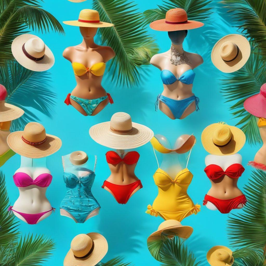 A glamorous beach scene featuring an array of colorful bikinis displayed on vintage mannequins, surrounded by tropical palm trees and clear blue water. Include playful beach accessories like sun hats, sunglasses, and towels. The background captures the essence of a sunny day with gentle waves lapping at the shore. vibrant colors. super-realistic.