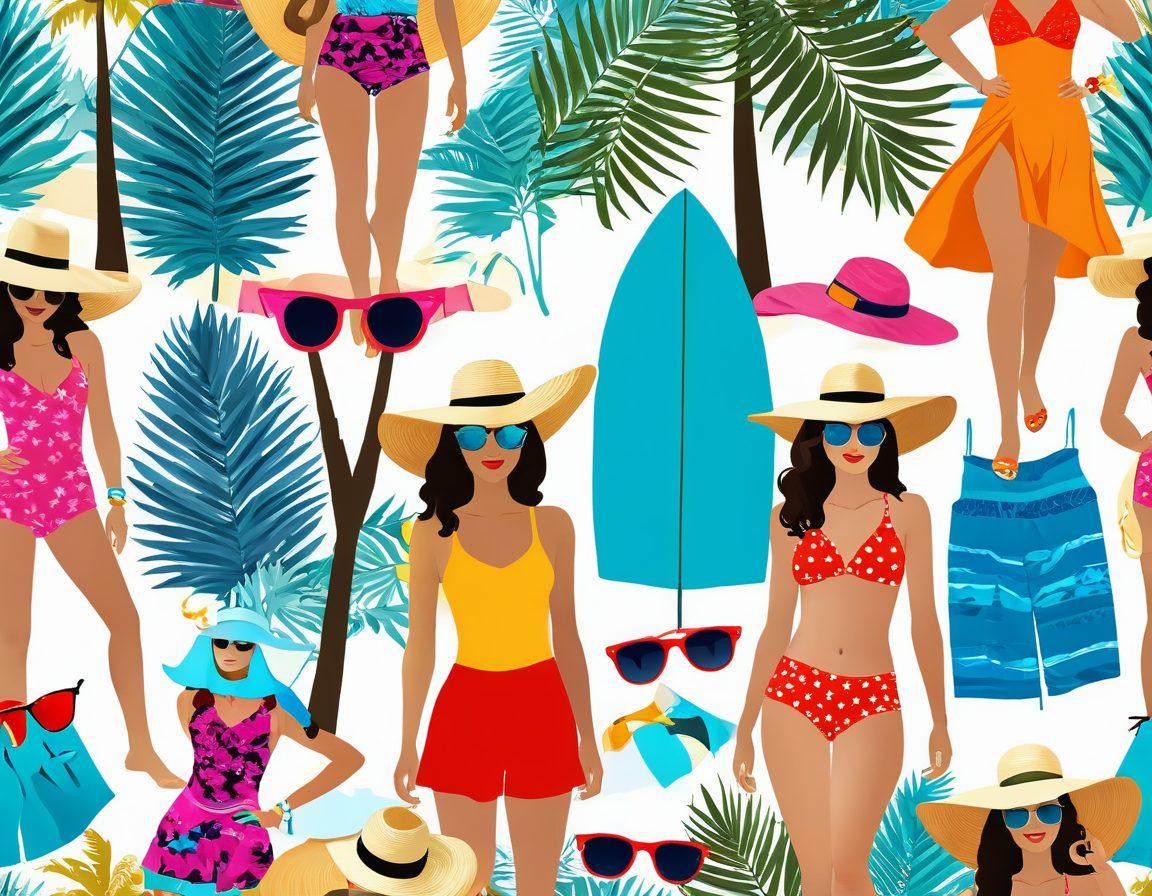 A vibrant beach scene showcasing an array of stylish beachwear including vibrant swimsuits, sun hats, and sunglasses. Include a sandy beach with turquoise waves, palm trees in the background, and cheerful people enjoying the sun. Highlight various colors and patterns in the beachwear. Use bright, sunny lighting to evoke a fun summer vibe. super-realistic. vibrant colors. 3D.